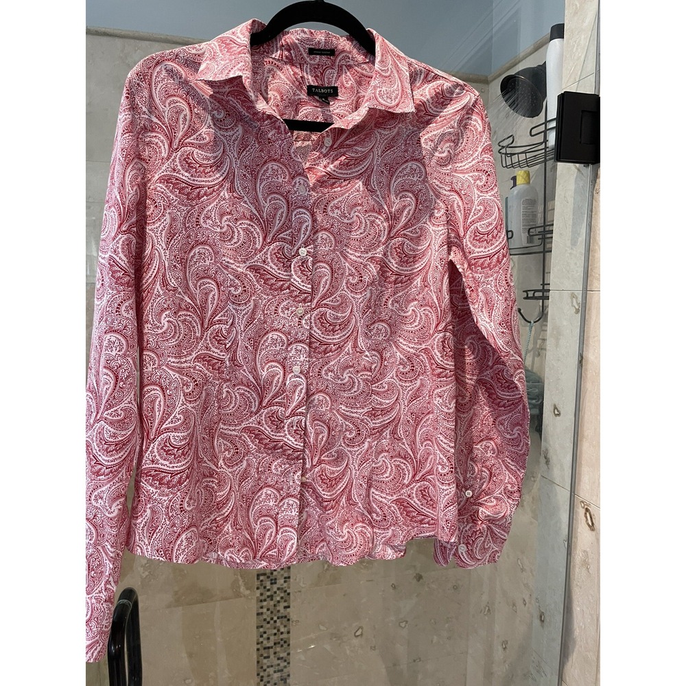 Talbots Red White Paisley Wrinkle Resistant Stretch Cotton Button Down Shirt 8